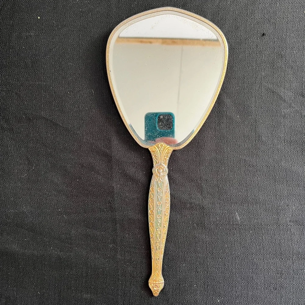 Vintage Gold Filigree Hand Mirror Embroidered Peach Fabric Tulip Victorian Style